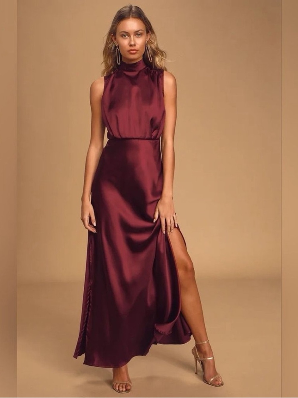 Lulu's Classic Elegance Wine Satin Sleeveless Mock Neck Maxi Dress Size S
